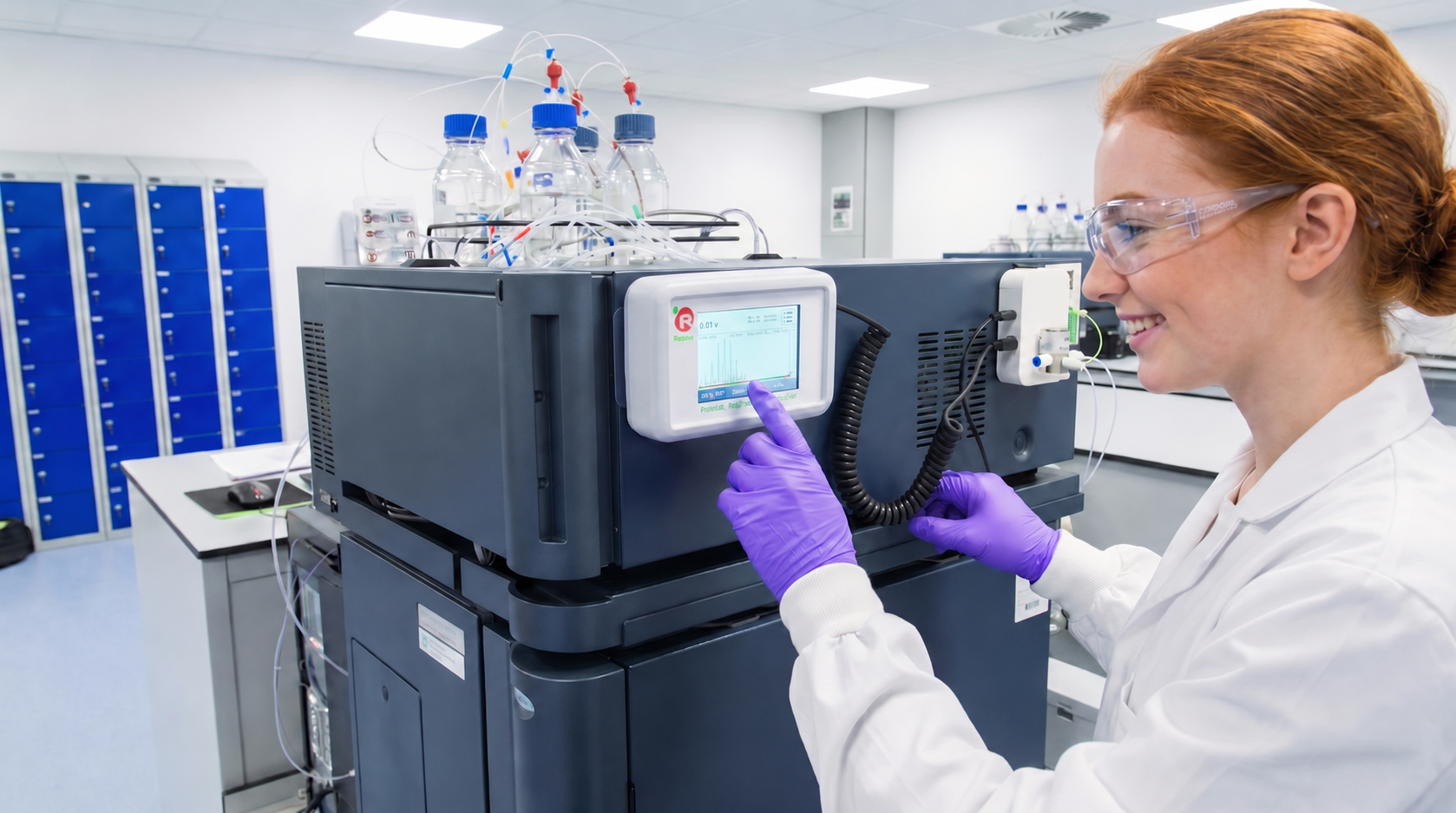 Laboratory analyst using the ReSolve touchscreen on an HPLC system