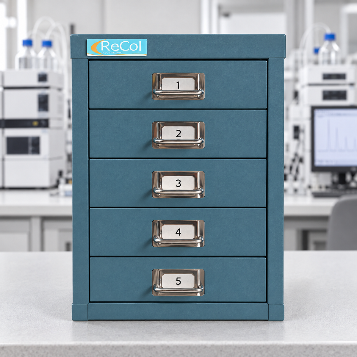 RECOL30 teal cabinet with five closed numbered drawers on a laboratory bench