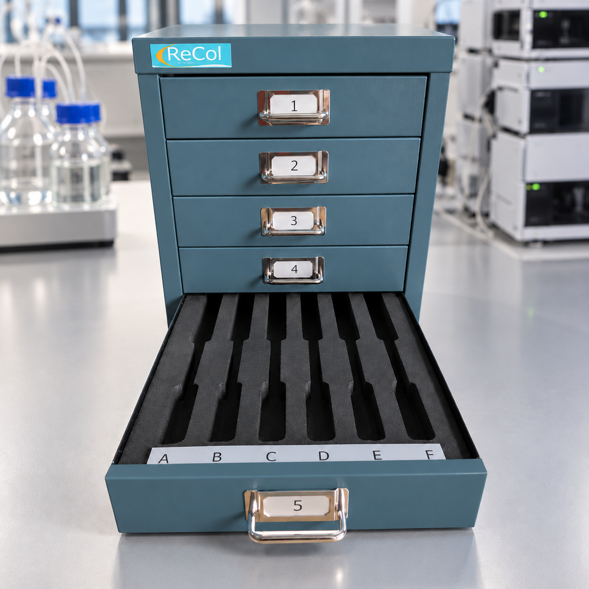 RECOL30 five-drawer cabinet in the standard muted teal finish