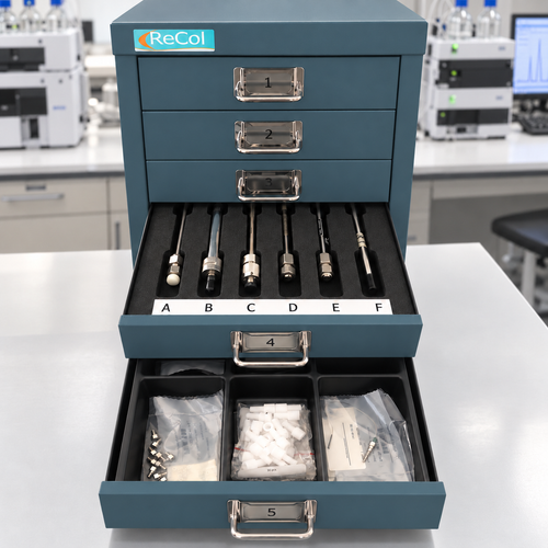 RECOL30 five-drawer cabinet in the standard muted teal finish; optional accessory tray and contents sold separately