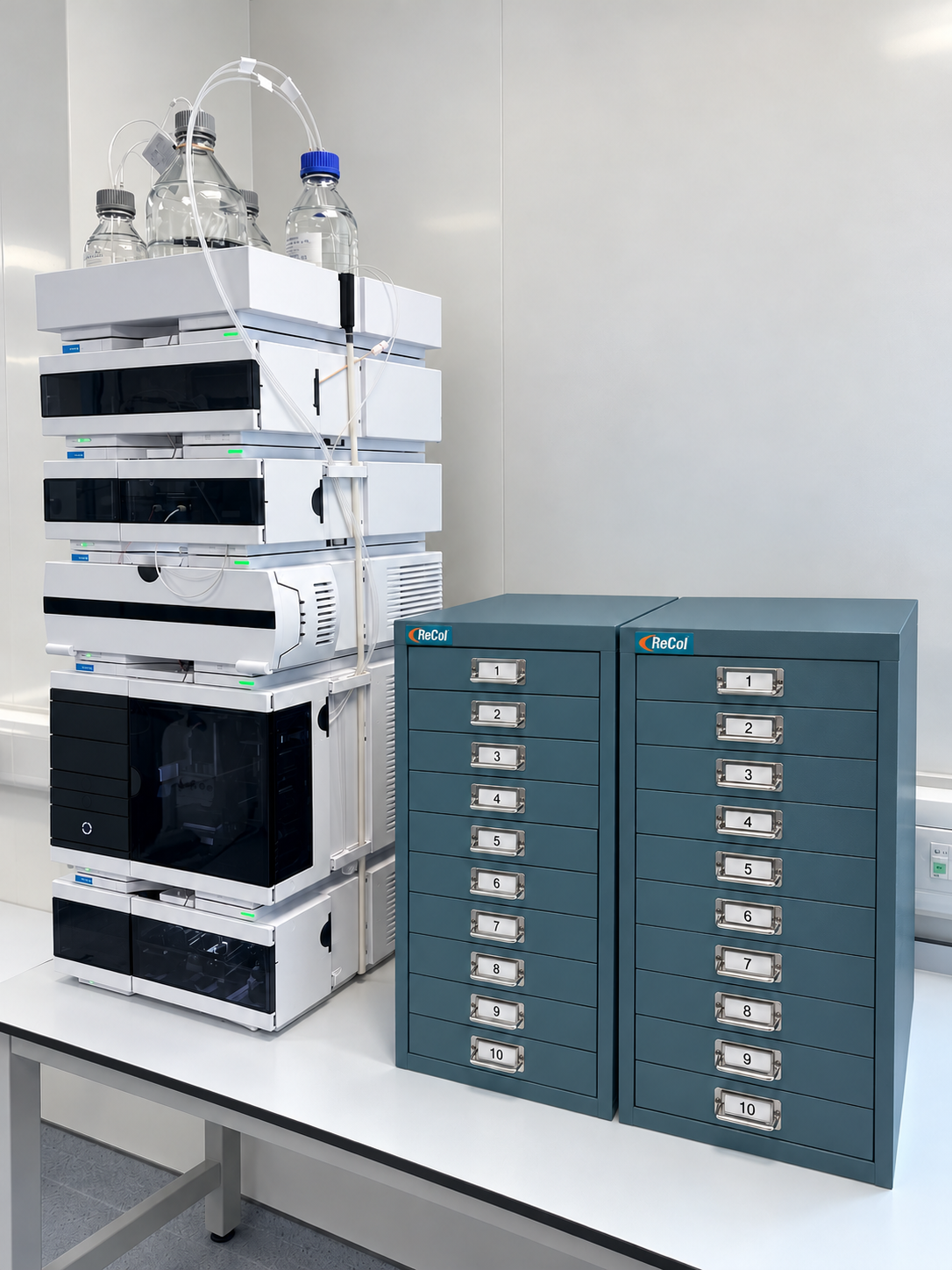 Two RECOL60 ten-drawer cabinets in the standard muted teal finish beside an HPLC workstation