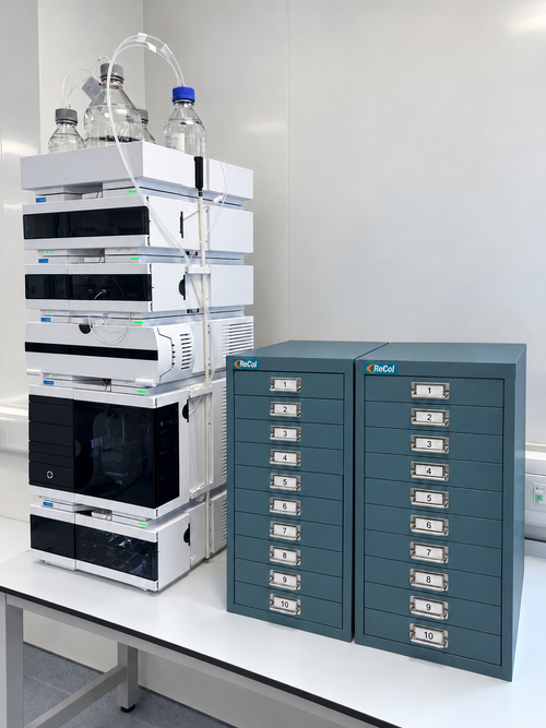 Two RECOL60 ten-drawer cabinets in the standard muted teal finish beside an HPLC workstation