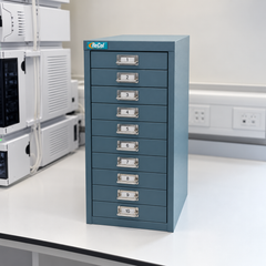 RECOL60 ten-drawer cabinet beside an HPLC workstation, enhanced from a supplied product photograph