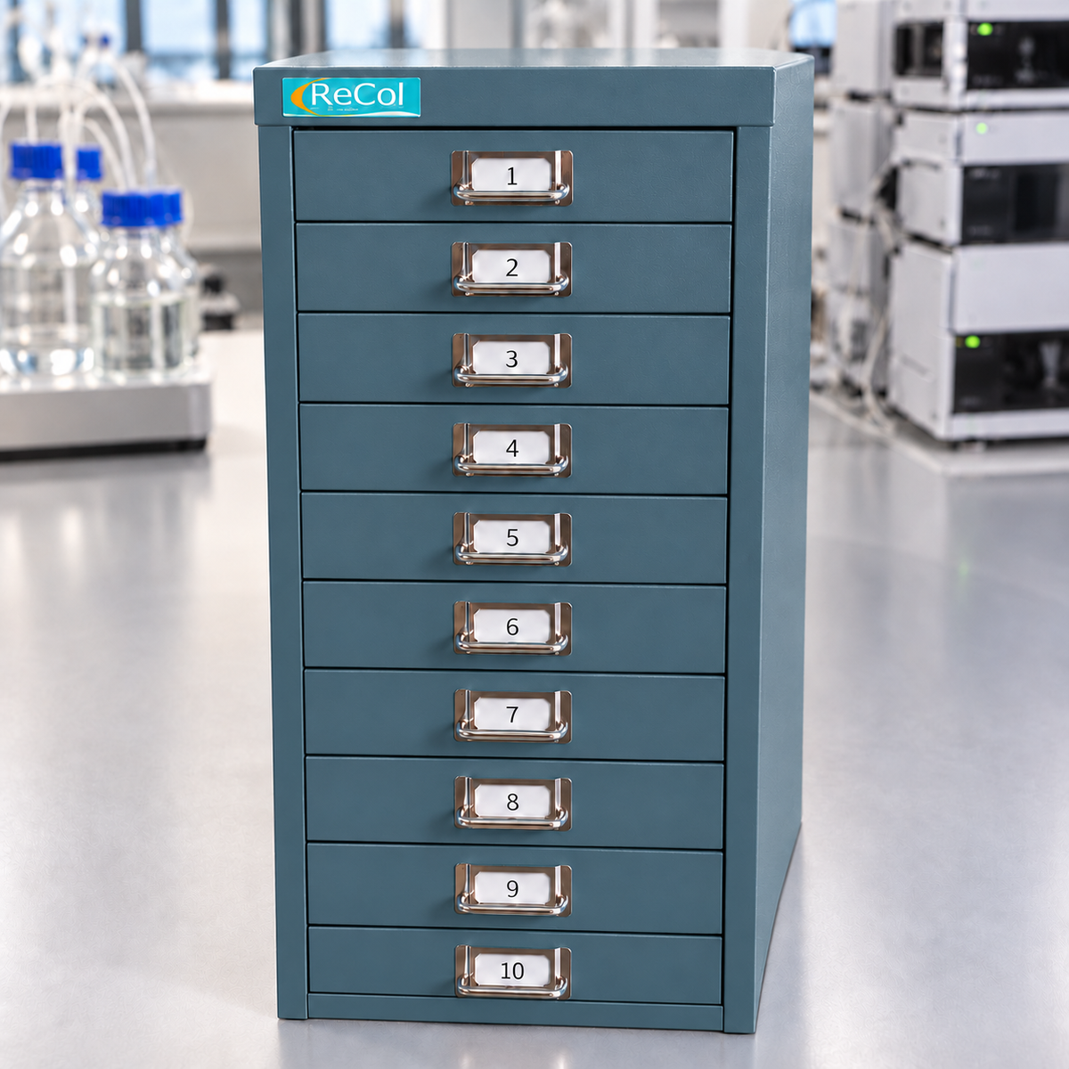 RECOL60 ten-drawer cabinet in the standard muted teal finish with its complete bottom frame