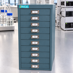 RECOL60 ten-drawer cabinet in the standard muted teal finish with its complete bottom frame