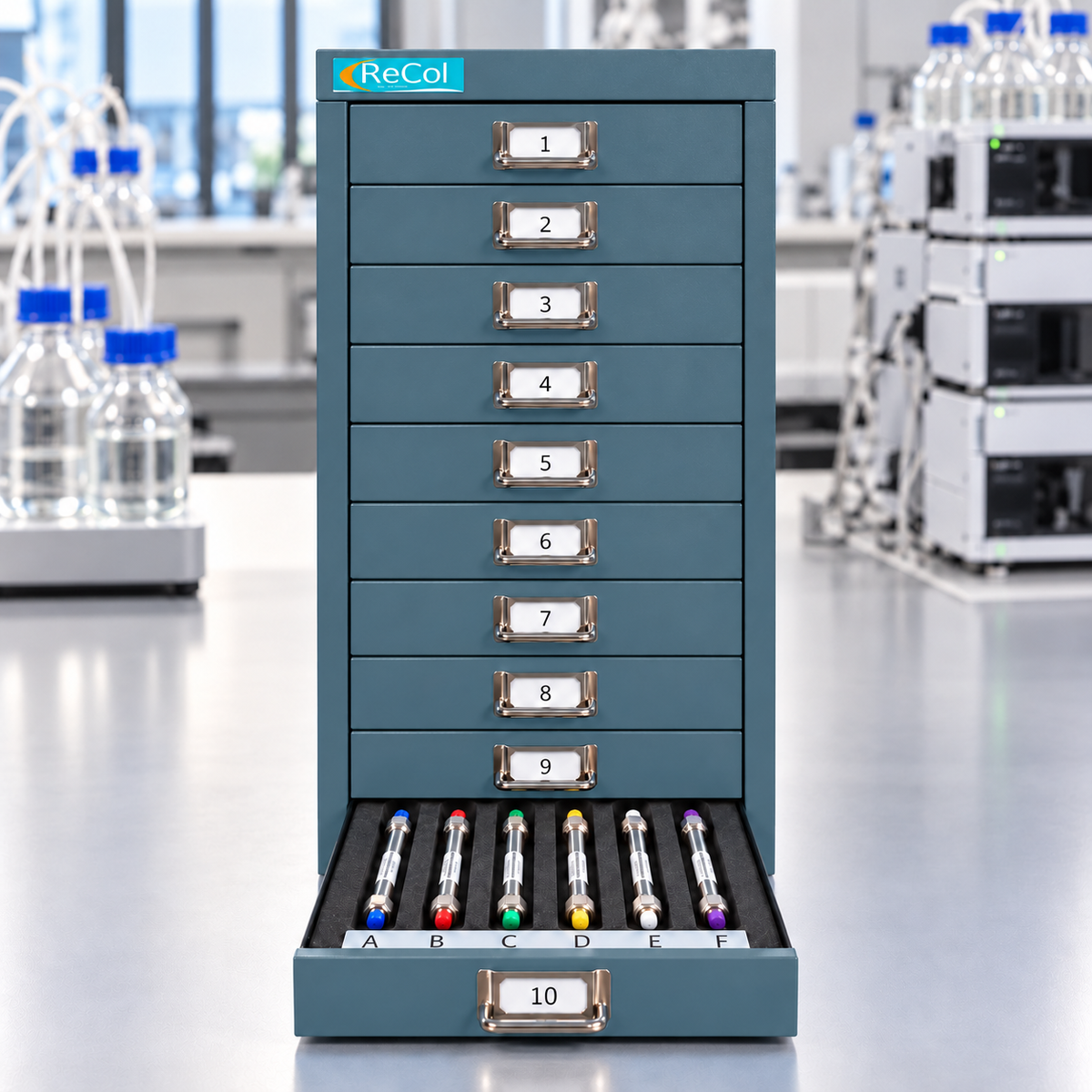 RECOL60 ten-drawer cabinet in the standard muted teal finish, drawer 10 open with six HPLC columns