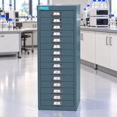 RECOL90 fifteen-drawer cabinet in the standard muted teal finish, laboratory instruments on raised benches
