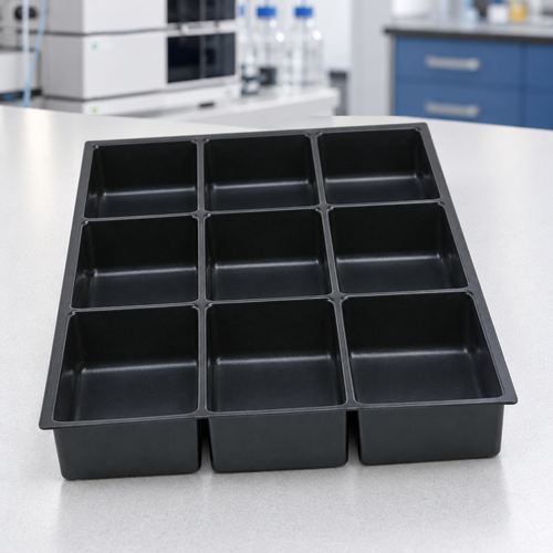 RECOLSERT nine-compartment tray on a laboratory bench, illustrative laboratory scene
